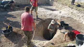 Postholes on henge bank at Durrington Walls.